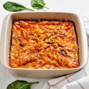 Overhead shot of sausage egg breakfast casserole.