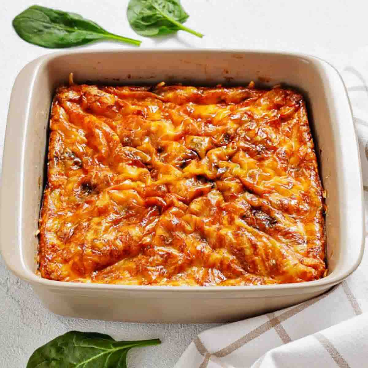 Overhead shot of sausage egg breakfast casserole.