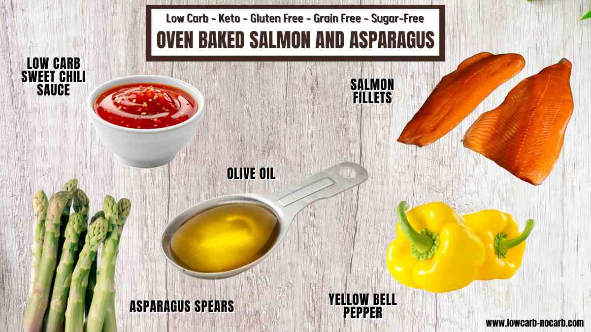 Ingredients for oven baked salmon and asparagus are displayed: salmon fillets, asparagus spears, yellow bell pepper, olive oil, and low carb sweet chili sauce.