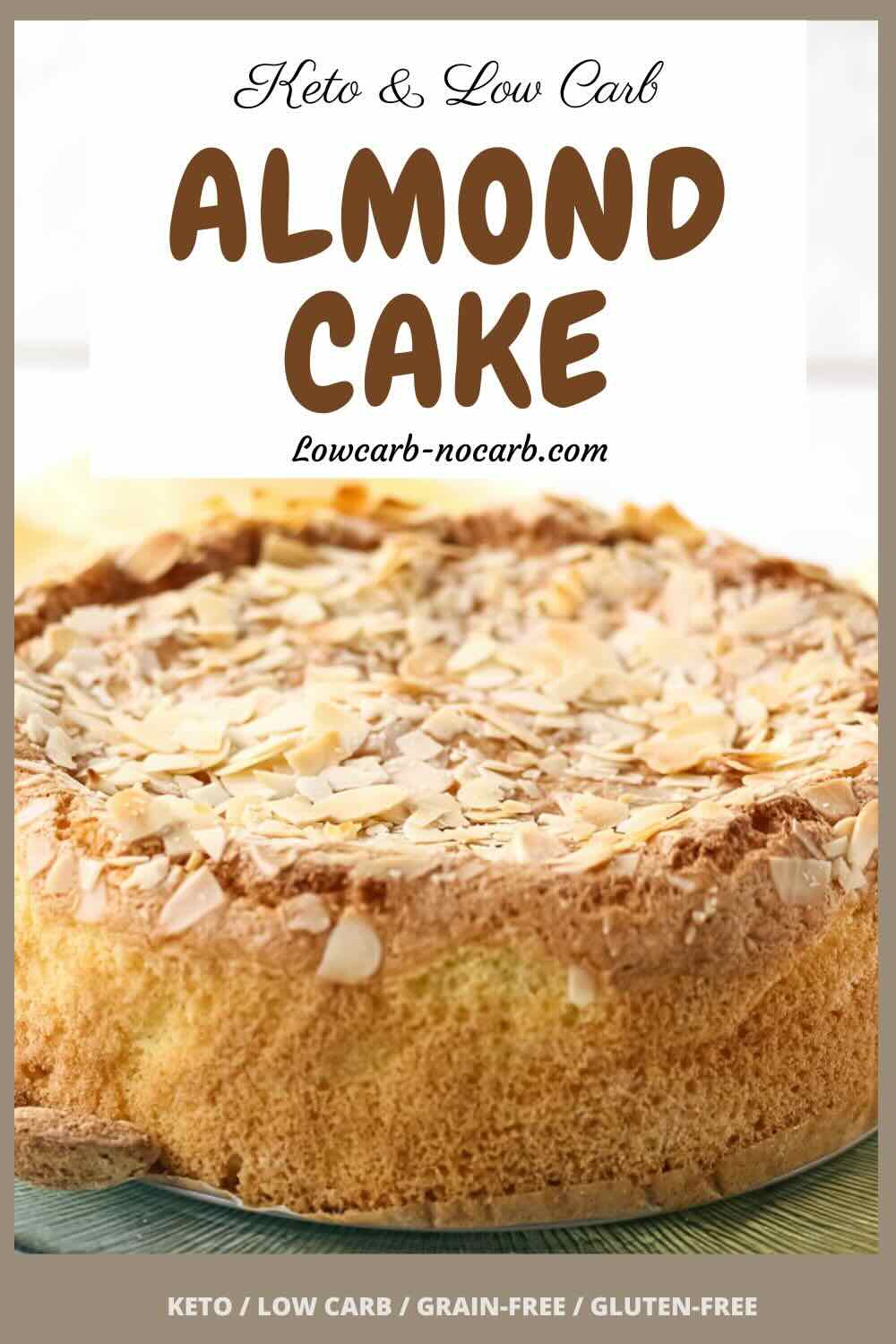 A round almond cake topped with sliced almonds is shown on a white surface with text indicating it is keto, low carb, grain-free, and gluten-free.