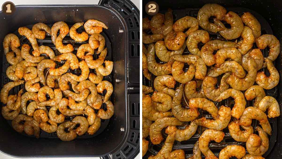 Two side-by-side images show raw seasoned shrimp in an air fryer basket on the left and cooked shrimp in the basket on the right.