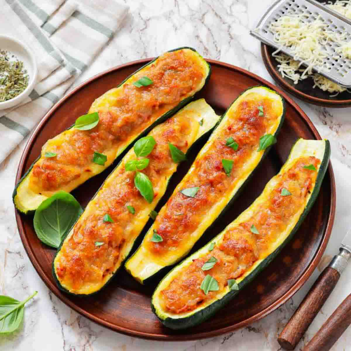 Four baked stuffed zucchini halves topped with melted cheese and fresh basil leaves, served on a brown plate with grated cheese and herbs on the side.