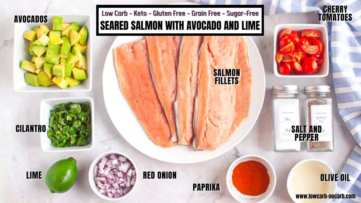 Top-down view of ingredients for seared salmon with avocado and lime, including salmon fillets, avocado, cherry tomatoes, lime, cilantro, red onion, paprika, salt, pepper, and olive oil.
