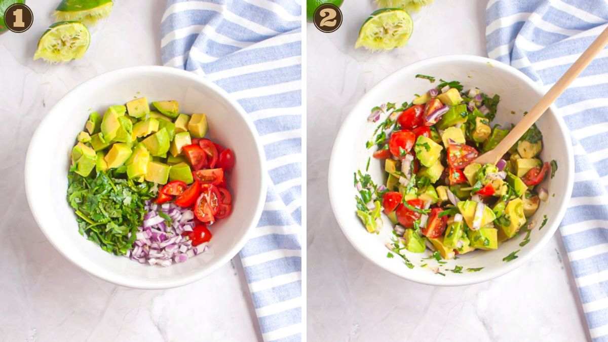 Two side-by-side images show a bowl with chopped avocado, tomato, red onion, and cilantro before and after mixing, with a wooden spoon and a striped towel nearby.