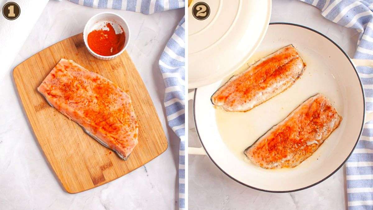Two image collage: Left shows salmon fillet on a cutting board with seasoning beside it; right shows two seasoned salmon fillets cooking in a white pan.