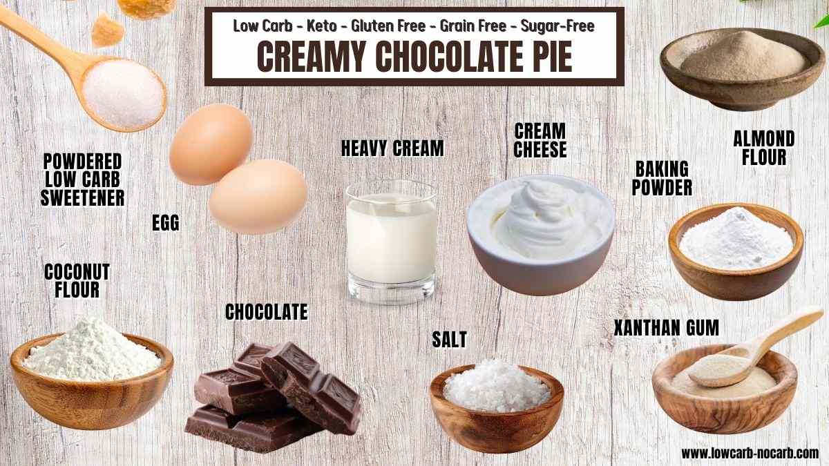 Ingredients for creamy chocolate pie, including eggs, heavy cream, cream cheese, chocolate, coconut flour, almond flour, powdered sweetener, baking powder, salt, and xanthan gum.