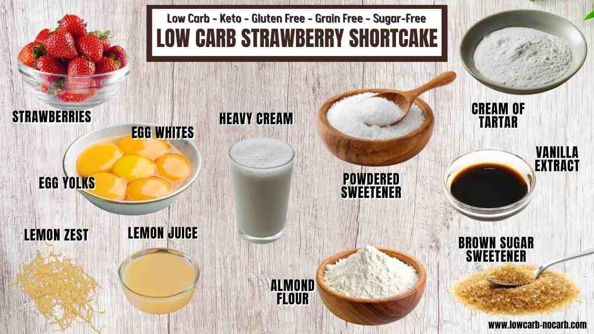 Ingredients for low carb strawberry shortcake are arranged and labeled, including strawberries, egg yolks, lemon zest, lemon juice, heavy cream, almond flour, powdered sweetener, cream of tartar, vanilla extract, and brown sugar sweetener.