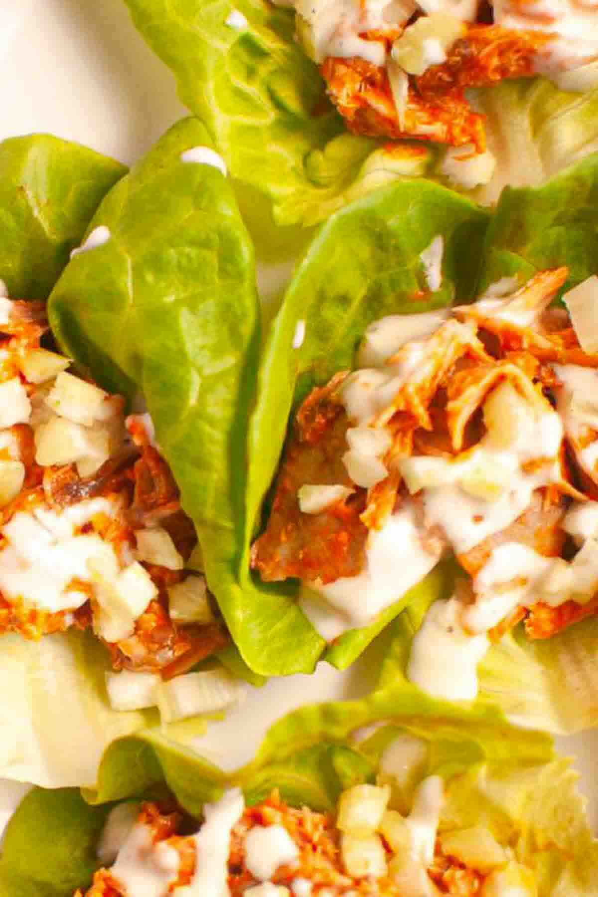 Leafy lettuce wraps filled with shredded meat, chopped onions, and drizzled with a creamy white sauce, arranged on a plate.