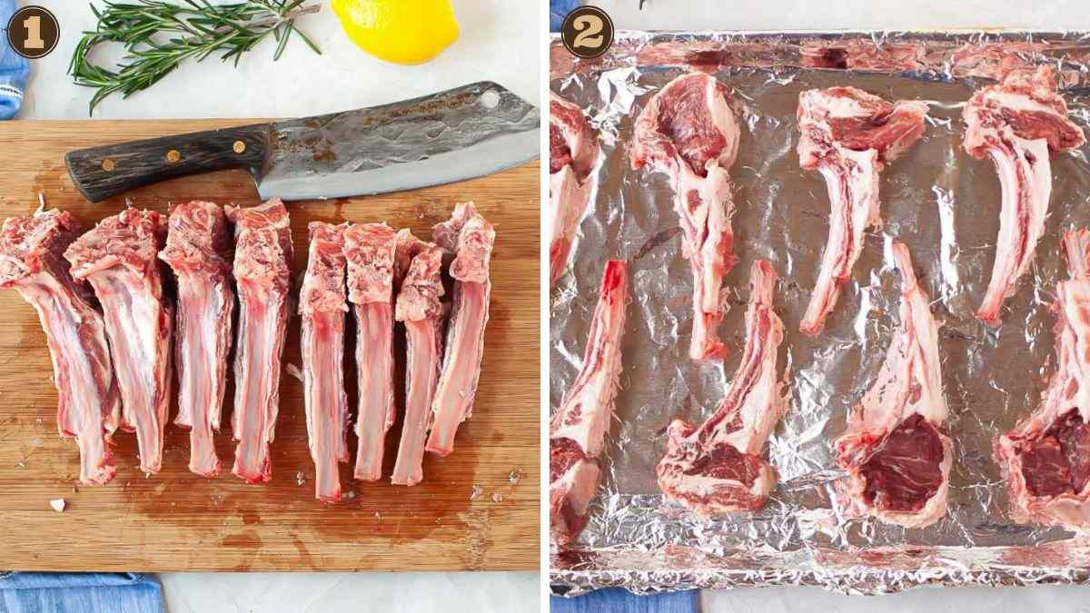 Side-by-side images: left shows raw lamb chops being cut on a wooden board with a knife; right shows lamb chops spaced on a foil-lined baking sheet.