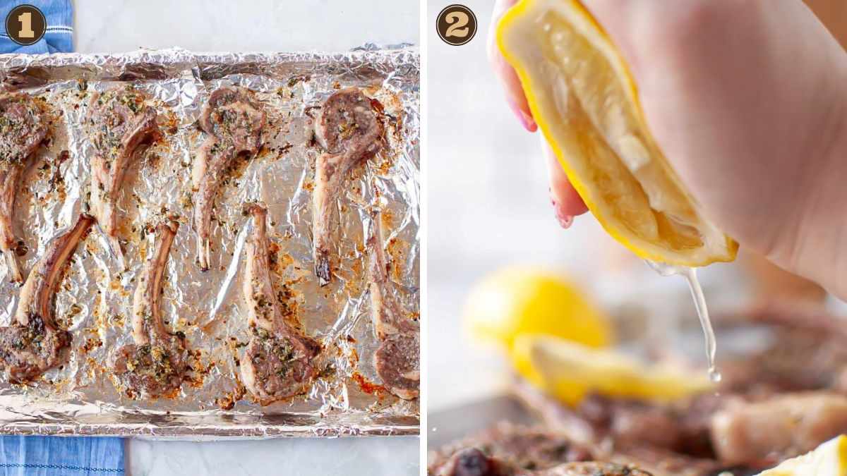 Left: Cooked lamb chops on a foil-lined baking sheet. Right: Hand squeezing a lemon over the lamb chops.
