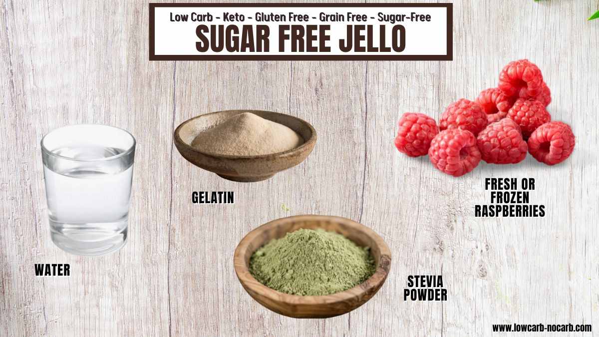 Ingredients for sugar-free jello are displayed: a glass of water, a bowl of gelatin, a bowl of stevia powder, and a handful of fresh or frozen raspberries.