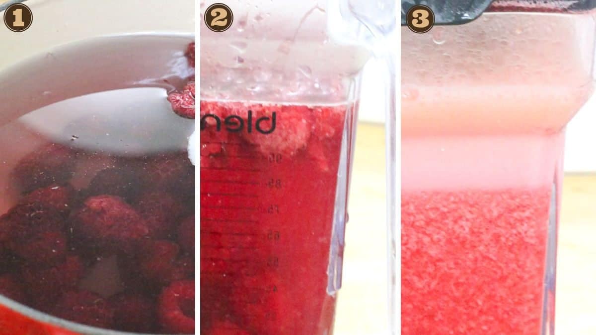 Step-by-step process of blending raspberries: whole raspberries in water, raspberries being blended, and blended raspberry mixture separating in a blender.