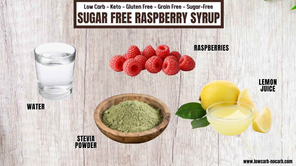A glass of water, fresh raspberries, a bowl of stevia powder, and a bowl of lemon juice arranged on a white background with labels for each ingredient.