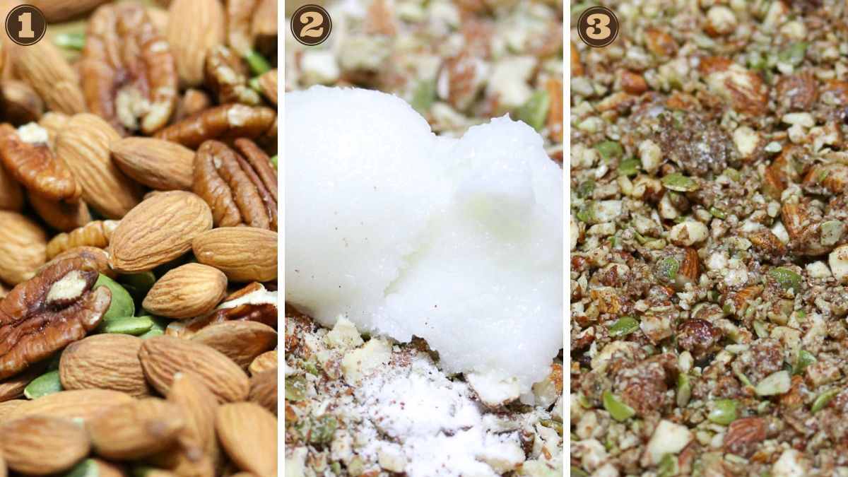 Three panels: 1. Mixed raw nuts and seeds. 2. Chopped nuts with coconut oil and powder. 3. Finely mixed nut and seed blend.