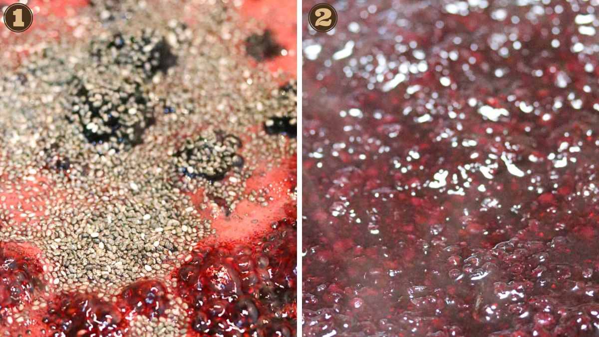 Side-by-side photos showing a berry mixture with chia seeds being added on the left, and the thickened berry mixture after cooking on the right.