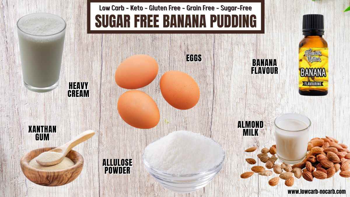 Ingredients for sugar free banana pudding include heavy cream, eggs, banana flavoring, xanthan gum, allulose powder, almond milk, and almonds displayed on a white background.