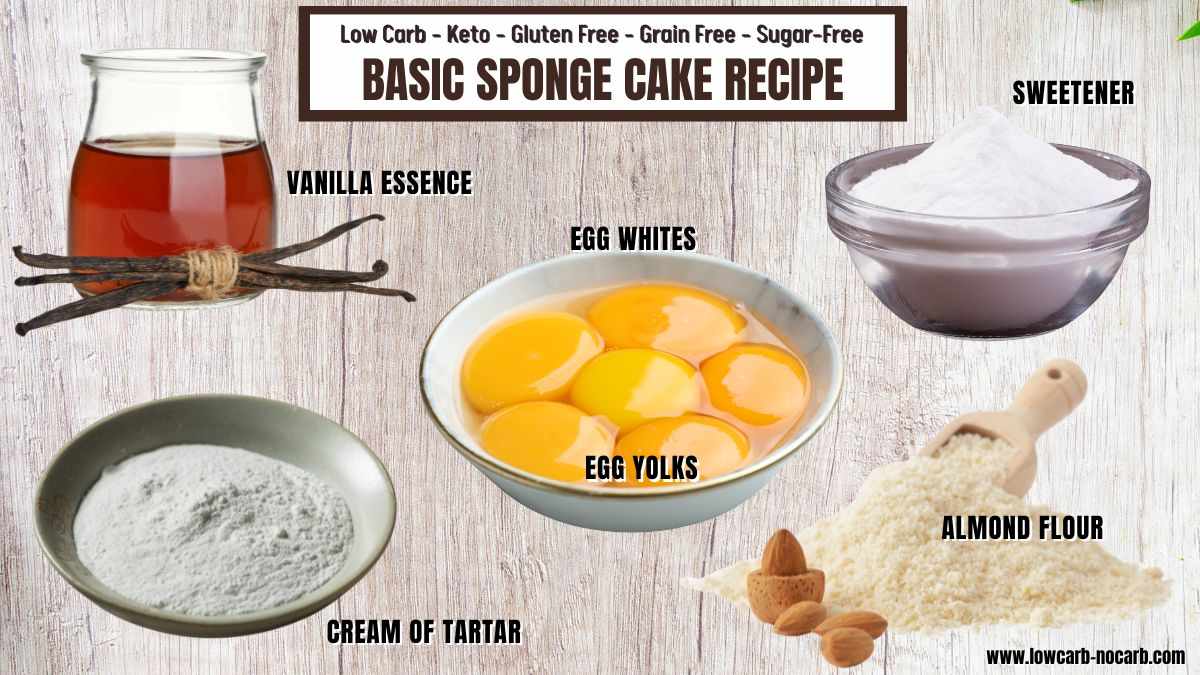 Top view of vanilla essence, sweetener, egg whites, egg yolks, cream of tartar, and almond flour as ingredients for a basic sponge cake recipe.