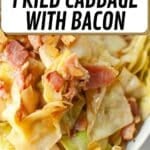 Close-up of fried cabbage and bacon pieces on a plate; text above highlights that the dish is low carb, keto, gluten free, grain free, and sugar free.