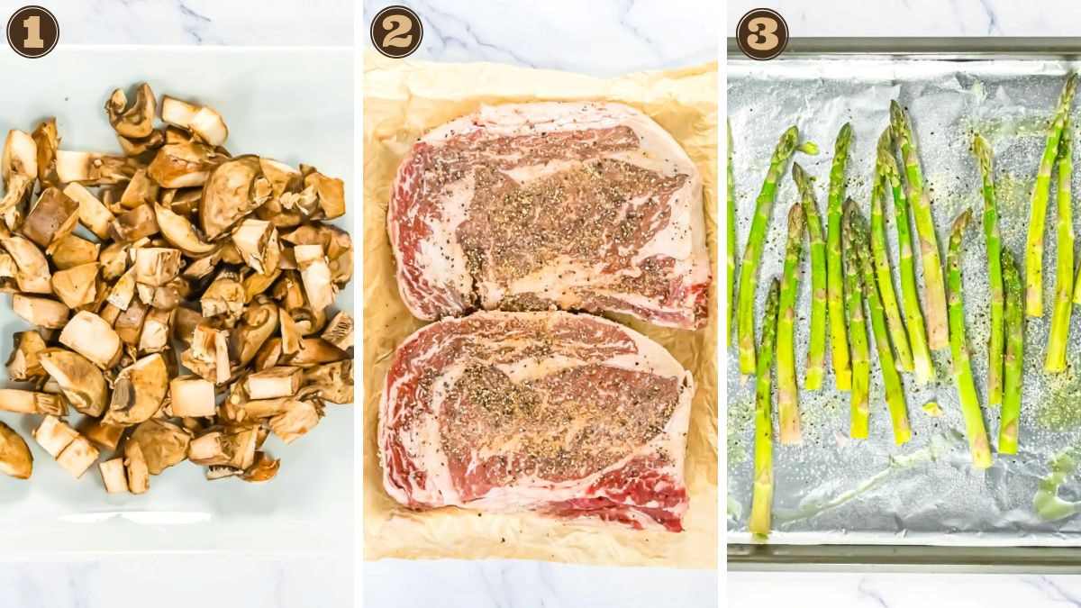 Image shows three steps: chopped mushrooms in a dish, two raw seasoned steaks, and seasoned asparagus spears on a foil-lined baking sheet.
