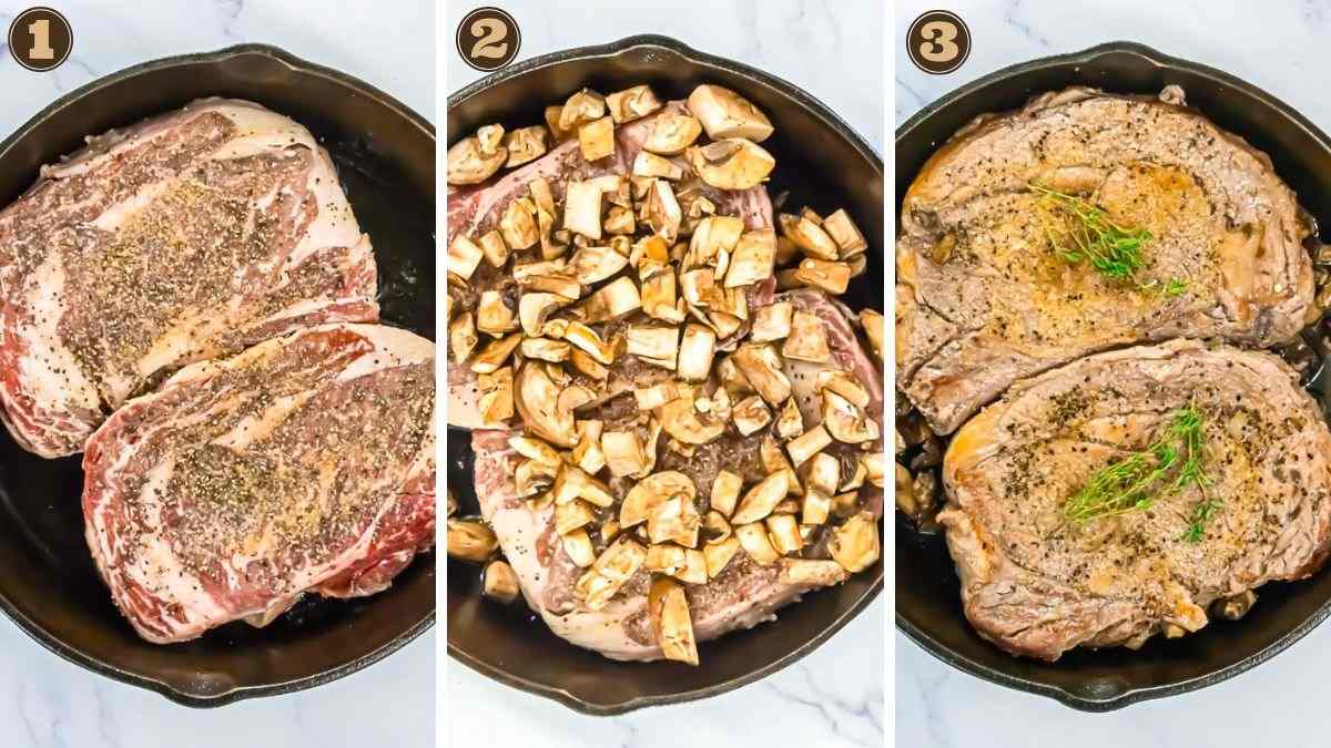 Three-step process of cooking steak in a cast iron skillet: raw seasoned steak, steak topped with chopped mushrooms, and cooked steak garnished with herbs.