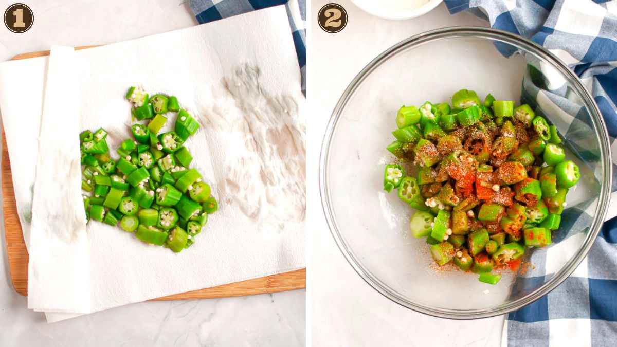 Two-step process: sliced okra on a paper towel in the first image, chopped okra with spices in a glass bowl in the second image, set on a white surface with a blue checkered cloth.