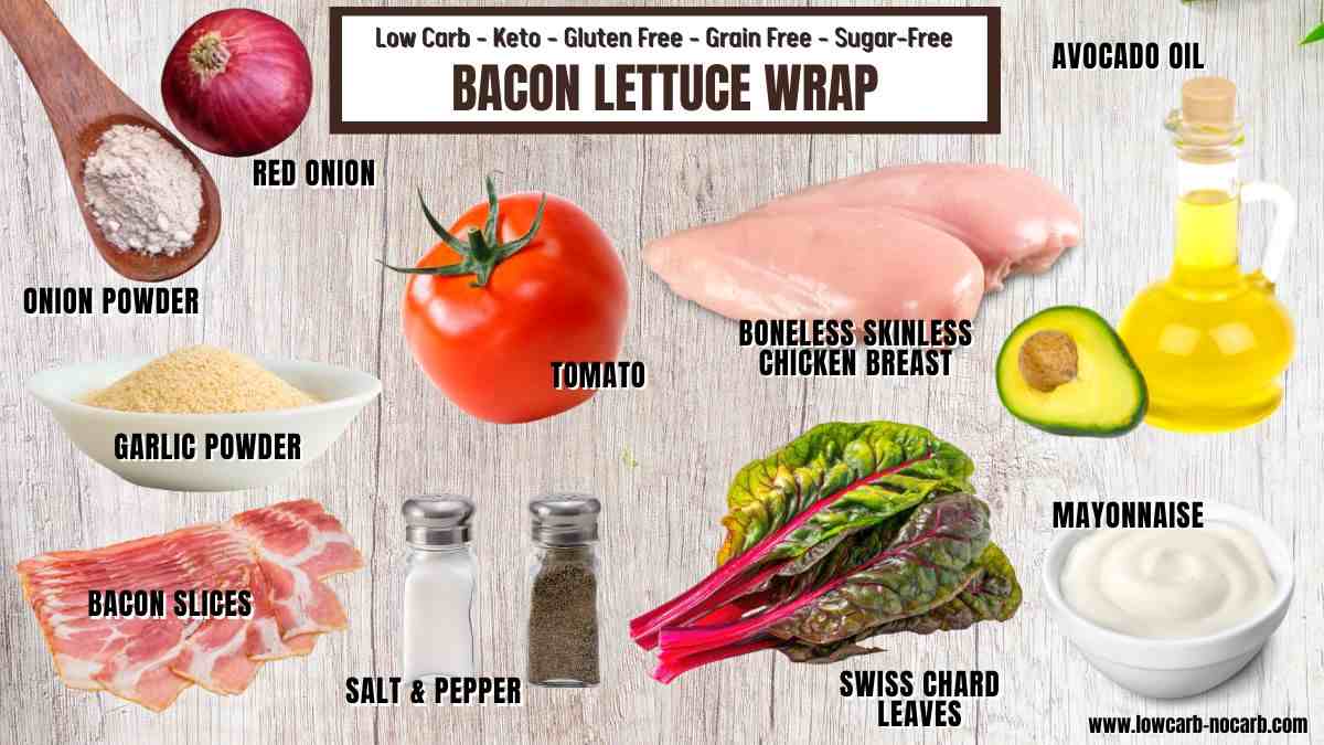 Ingredients for a bacon lettuce wrap displayed with labels, including chicken breast, bacon, tomato, red onion, spices, avocado oil, mayonnaise, and Swiss chard leaves.