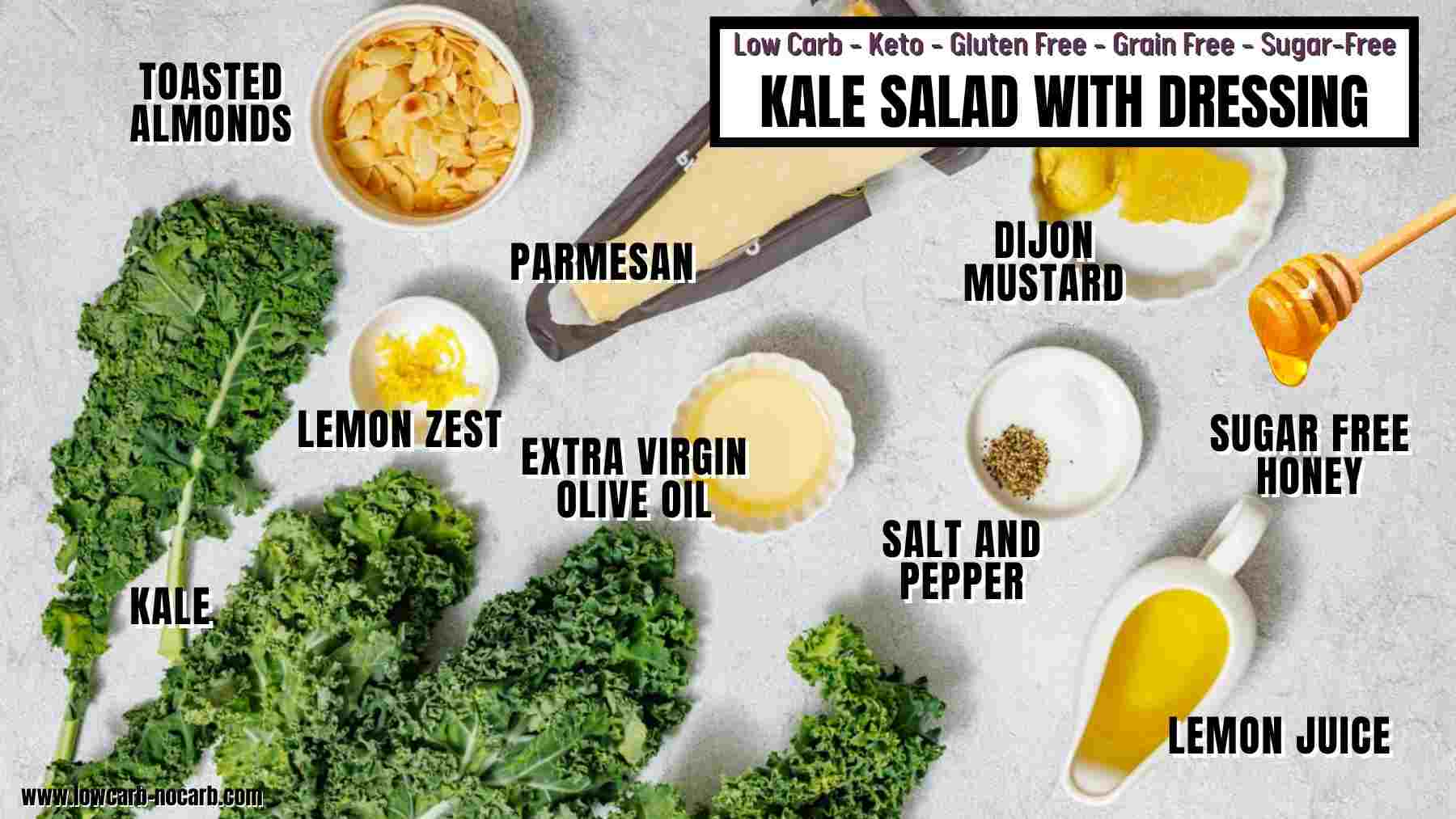 Ingredients for kale salad with dressing arranged on a countertop: kale, lemon zest, toasted almonds, parmesan, olive oil, Dijon mustard, honey, lemon juice, and salt and pepper.