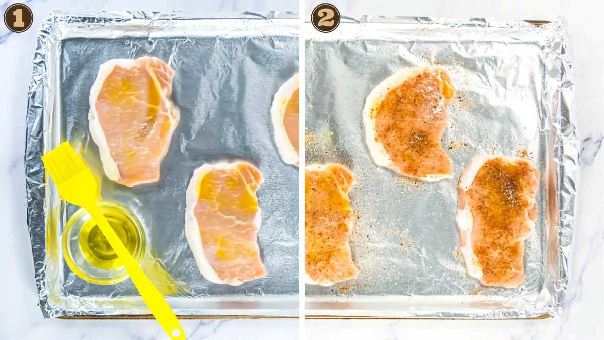 Two images of raw chicken breasts on a foil-lined baking sheet; the first shows them being brushed with oil, and the second shows them sprinkled with seasoning.