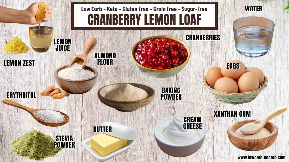 Ingredients for cranberry lemon loaf, including cranberries, eggs, water, almond flour, baking powder, cream cheese, lemon zest, lemon juice, butter, xanthan gum, erythritol, and stevia powder.