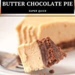 A slice of low carb peanut butter chocolate pie on a fork with the rest of the pie in the background.