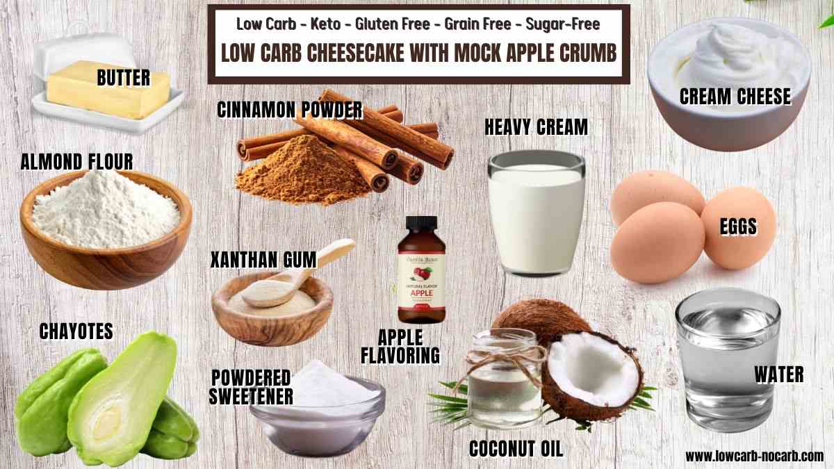 Ingredients for low carb cheesecake with mock apple crumb, including butter, almond flour, chayote, cinnamon, xanthan gum, sweetener, apple flavoring, cream cheese, eggs, heavy cream, coconut oil, and water.